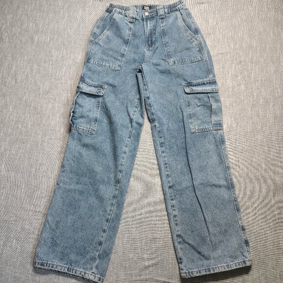 Simple Society Cargo Jeans Womens Size 5 27x30 Light Acid Wash Baggy Elastic - Picture 1 of 15